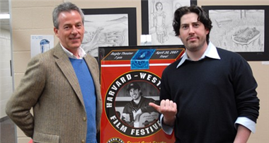 Poster designer Kevin O'Malley and his former student Jason Reitman '95.