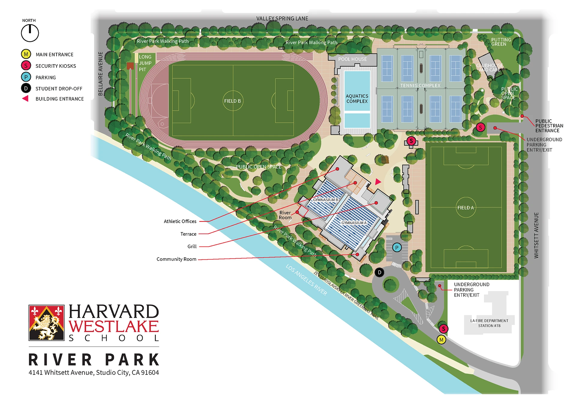 Site map showing open space, fields, pool, tennis courts, clubhouse, parking and paths.