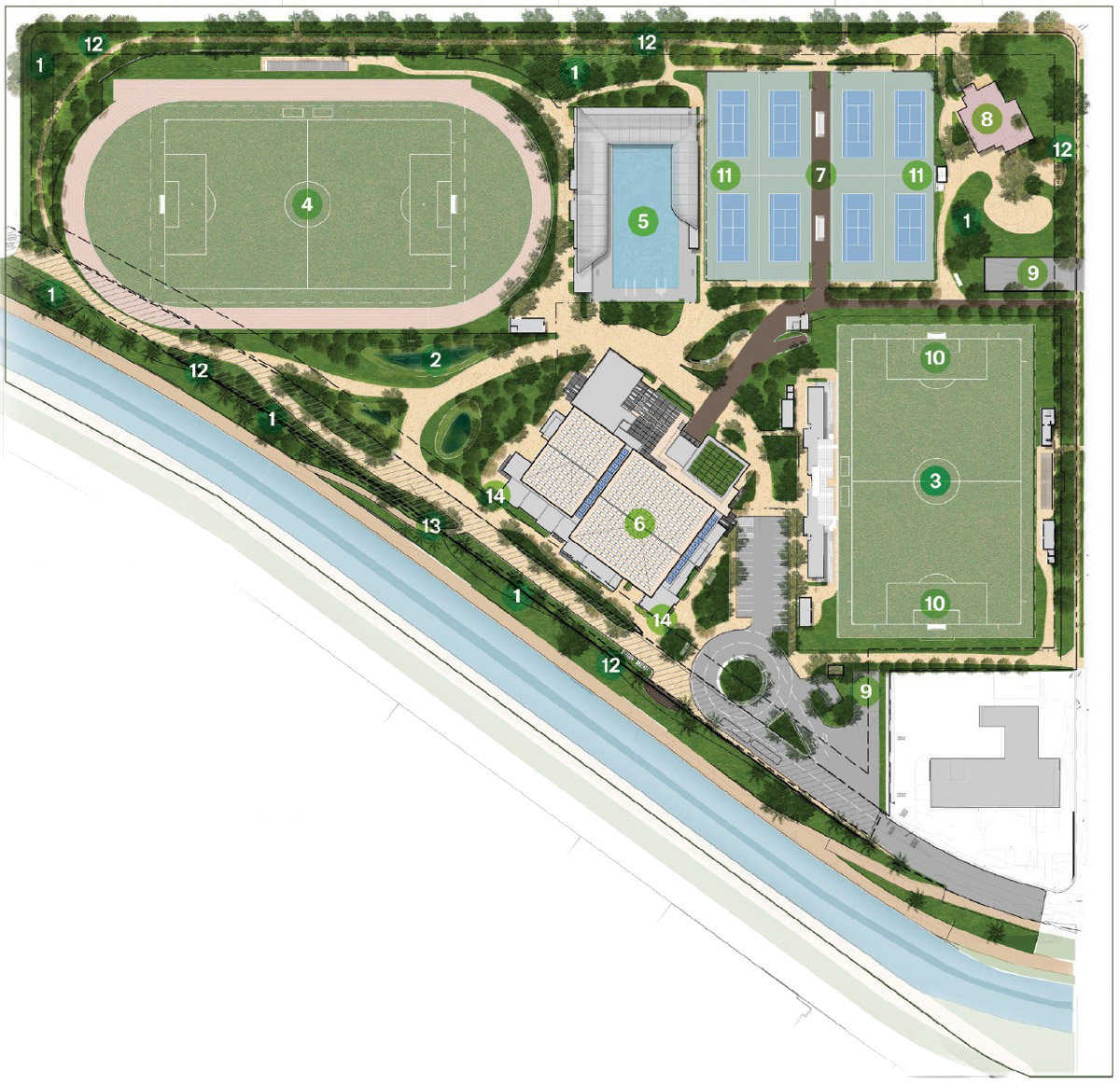 Site map showing open space, fields, pool, tennis courts, clubhouse, parking and paths.